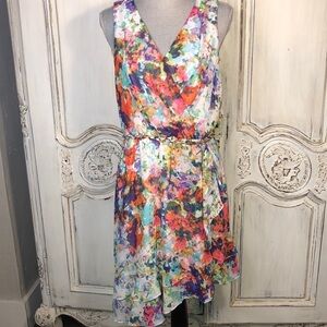 Thalia Sodi Sugar Coral Multi Color Faux Wrap Sleeveless Spring Dress Size Med.